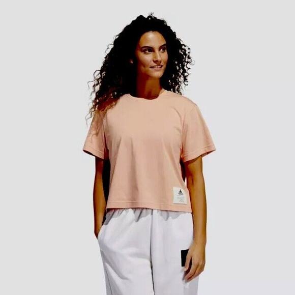 Adidas Peach Three-Stripe Life Boyfriend Short Sleeve Crew Neck Cropped Tee XS - Picture 1 of 9